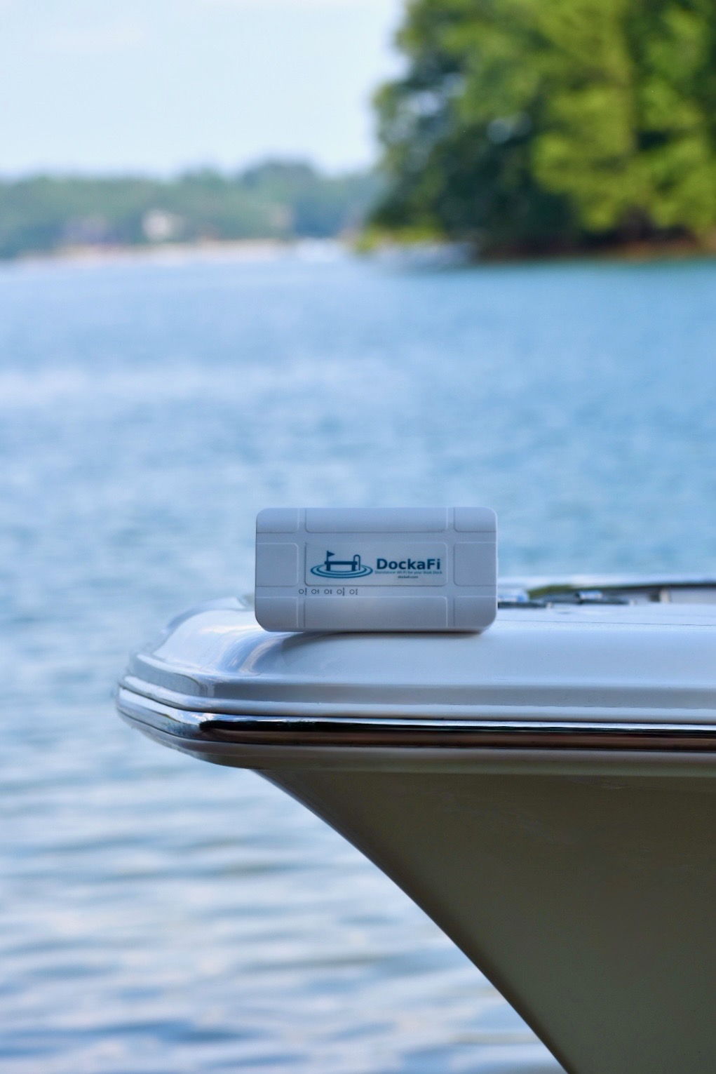 DockaFi device placed on the bow of a boat on open water